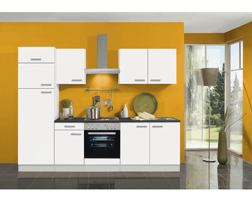 Cuisine complète avec armoires, évier, cuisinière et hotte aspirante dans une cuisine lumineuse.