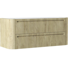 Waschtischunterschrank in Holzoptik mit vertikalen Lamellen und zwei Schubladen.