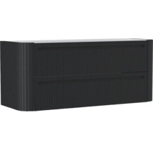 Schwarzer Waschbeckenunterschrank mit zwei Schubladen und einer Front in Lamellenoptik.
