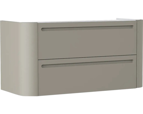 Waschtischunterschrank mit zwei Auszügen und Griffmulden, abgerundete Seite.