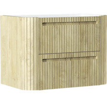 Moderner Waschbeckenunterschrank in heller Holzoptik mit vertikalen Lamellen und zwei Schubladen mit Griffmulden.