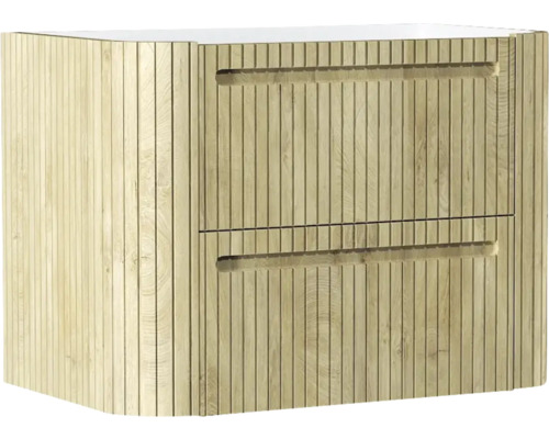 Moderner Waschbeckenunterschrank in heller Holzoptik mit vertikalen Lamellen und zwei Schubladen mit Griffmulden.