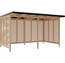 Abri en bois avec parois à lamelles et toit noir