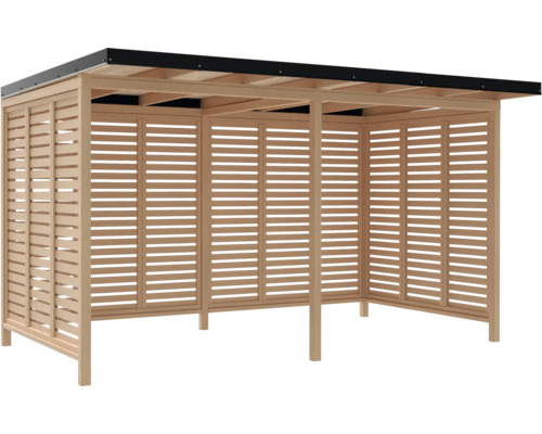Abri en bois avec parois à lamelles et toit noir