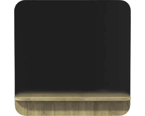 Miroir de salle de bain rectangulaire avec coins arrondis et une étagère en bois.