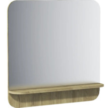 Miroir mural avec étagère en bois intégrée, coins arrondis.