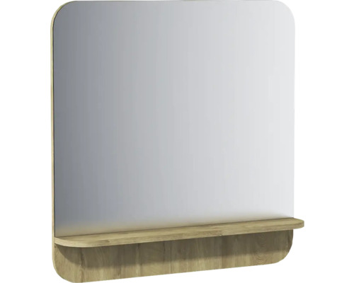 Miroir mural avec étagère en bois intégrée, coins arrondis.