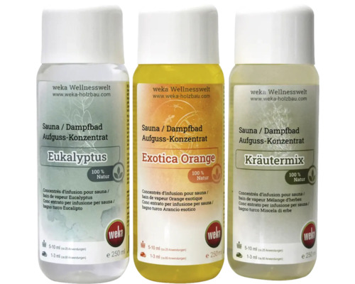 Trois flacons de concentré pour sauna de Weka : Eucalyptus, Exotica Orange et Mélange d’herbes