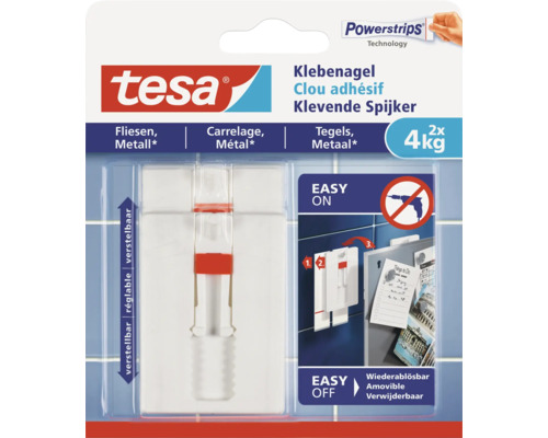 tesa Klebenagel für Fliesen verstellbar weiss 4 kg Belastung 2 Stk. Tesa Klebenagel für Fliesen und Metall, Tragkraft 4 Kilogramm, zweifach verstellbar