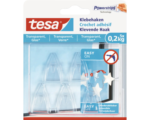 tesa Klebehaken für Glas transparent 0,2 kg Belastung 5 Stk. Tesa Klebehaken Powerstrips Technology, transparente Ausführung, 5er Packung