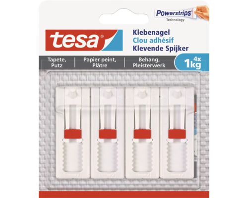 Clous adhésifs Tesa pour papier peint et plâtre, supportant jusqu'à 1 kilogramme, 4 pièces