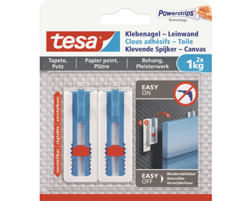 Clou adhésif Tesa pour papier peint et plâtre, adapté aux toiles jusqu'à 1 kilogramme, deux pièces