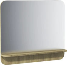 Miroir de salle de bain avec tablette en aspect bois, rectangulaire avec coins supérieurs arrondis.
