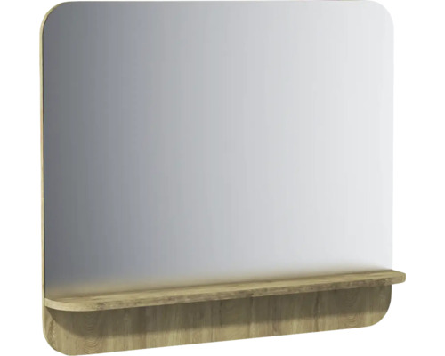 Miroir de salle de bain avec tablette en aspect bois, rectangulaire avec coins supérieurs arrondis.