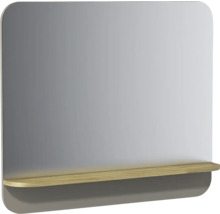 Miroir de salle de bain rectangulaire avec coins arrondis et tablette intégrée en aspect bois.