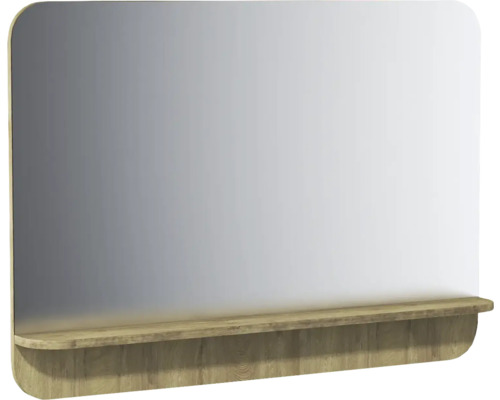 Miroir rectangulaire avec coins arrondis et une tablette intégrée en aspect bois.