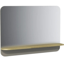 Miroir de salle de bain rectangulaire avec coins arrondis et étagère intégrée en bois clair.
