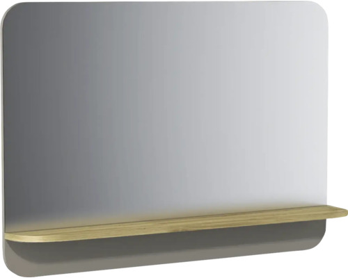 Miroir de salle de bain rectangulaire avec coins arrondis et étagère intégrée en bois clair.
