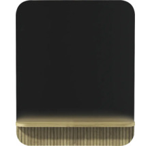 Miroir de salle de bain avec tablette en bois et lattes en bois verticales, coins arrondis en haut.