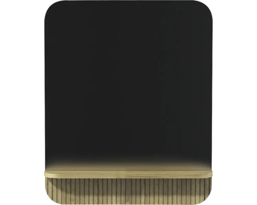 Miroir de salle de bain avec tablette en bois et lattes en bois verticales, coins arrondis en haut.
