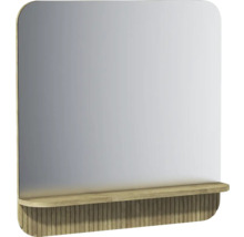 Miroir mural avec tablette en bois et coins arrondis, dessous de la tablette avec structure en bois nervurée.