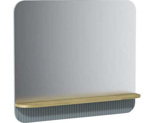 Miroir rectangulaire avec coins arrondis, tablette en bois intégrée et design à lamelles grises sur le bord inférieur.