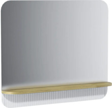 Miroir moderne avec coins arrondis, étagère intégrée aspect bois et structure rainurée blanche.