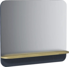 Miroir de salle de bain avec tablette en bois et structure rainurée bleu foncé, rectangulaire avec coins arrondis.