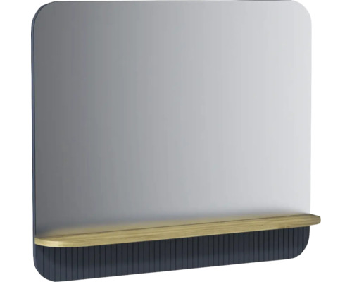 Miroir de salle de bain avec tablette en bois et structure rainurée bleu foncé, rectangulaire avec coins arrondis.
