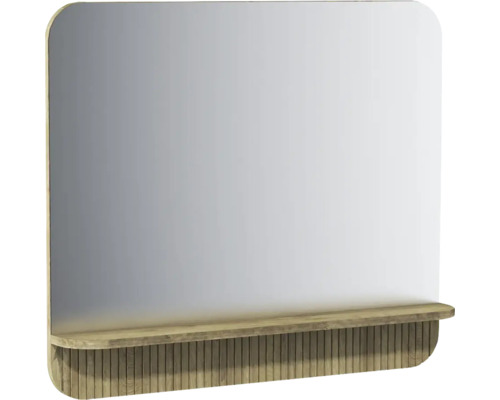 Miroir de salle de bain avec tablette en bois et revêtement en bois rainuré, coins arrondis.