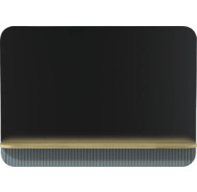 Miroir de salle de bain rectangulaire aux coins arrondis avec une étagère imitation bois et un panneau gris rainuré.