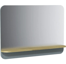 Miroir mural rectangulaire aux coins arrondis, avec tablette en aspect chêne et façade grise à rainures.