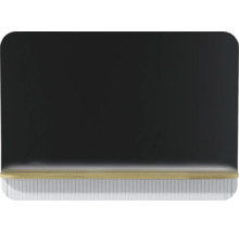 Miroir mural rectangulaire avec coins supérieurs arrondis, éclairage intégré, tablette en bois et panneau cannelé blanc en bas.