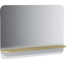 Miroir de salle de bain rectangulaire moderne avec coins arrondis, tablette en bois clair et panneau décoratif blanc strié en bas.