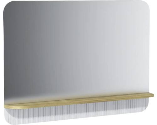 Miroir de salle de bain rectangulaire moderne avec coins arrondis, tablette en bois clair et panneau décoratif blanc strié en bas.