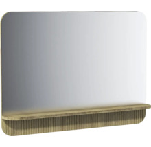 Miroir mural rectangulaire aux coins arrondis, tablette en bois et façade en bois à rainures verticales.