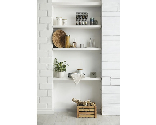 Weißes Einbauregal mit Küchenutensilien, Pflanze und Holzkiste mit Birkenholz vor einer Ziegel- und Paneelwand.