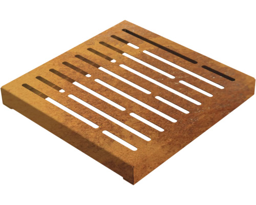 Plaque d'égout carrée en acier aspect rouille avec motif à fentes