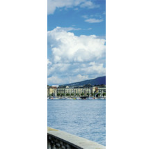 Vue sur un lac avec des bâtiments et des montagnes en arrière-plan