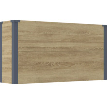Jardinière surélevée rectangulaire avec panneaux aspect bois et poteaux d angle gris.