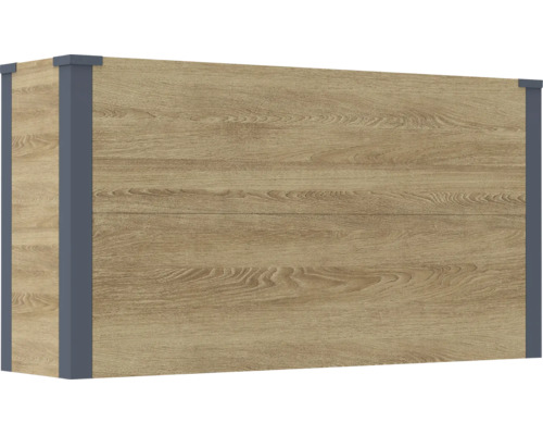 Jardinière surélevée rectangulaire avec panneaux aspect bois et poteaux d angle gris.