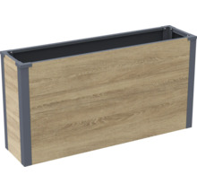 Jardinière surélevée rectangulaire en panneaux aspect bois avec cadre métallique pour le jardin ou la terrasse.