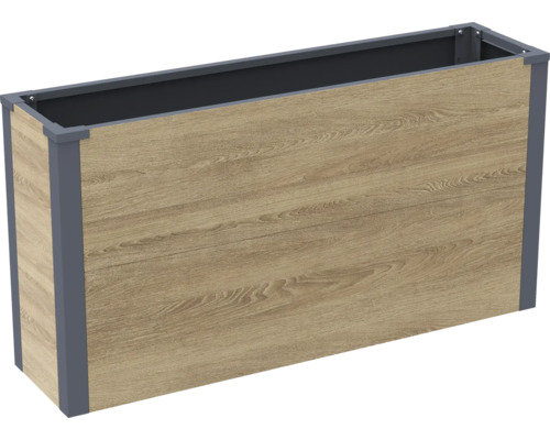 Jardinière surélevée rectangulaire en panneaux aspect bois avec cadre métallique pour le jardin ou la terrasse.