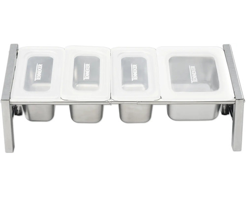 Chauffe-plat en acier inoxydable avec quatre récipients et couvercles transparents