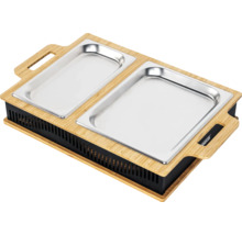  chauffe-plat avec deux récipients en acier inoxydable et cadre en bambou