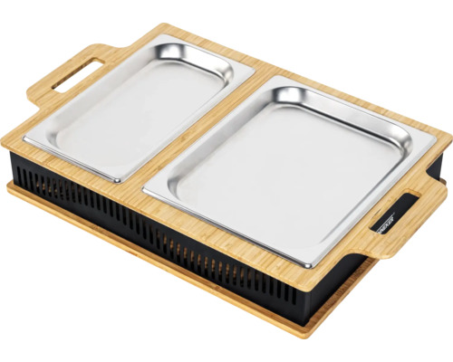  chauffe-plat avec deux récipients en acier inoxydable et cadre en bambou
