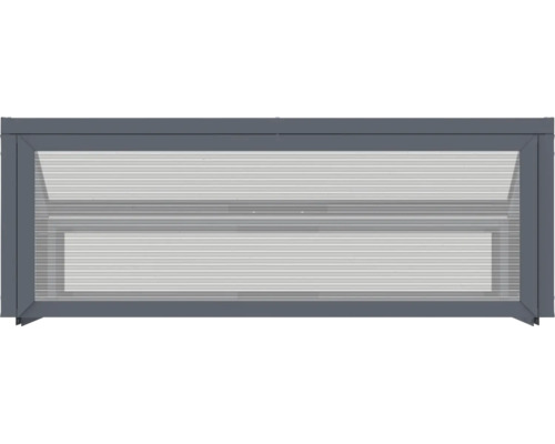 Fenêtre haute rectangulaire avec cadre en métal et panneau alvéolaire à nervures horizontales pour montage mural.