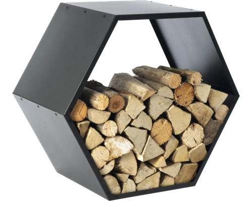 Sechseckiger Kaminholzständer aus Metall mit Holzscheiten