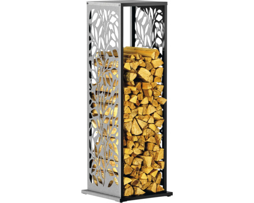 Brennholzregal aus Metall mit Holzscheiten
