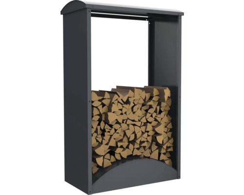 Brennholzregal aus Metall mit Holzscheiten